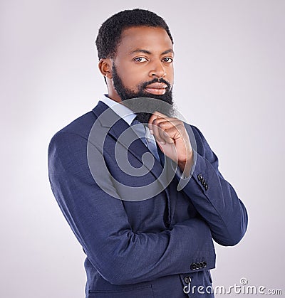 Portrait, confidence and African businessman in studio with business mindset isolated on white background. Success Stock Photo
