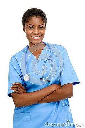 Portrait confident African American female doctor white background Stock Photo