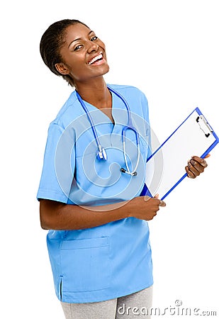 Portrait confident African American female doctor white backgrou Stock Photo