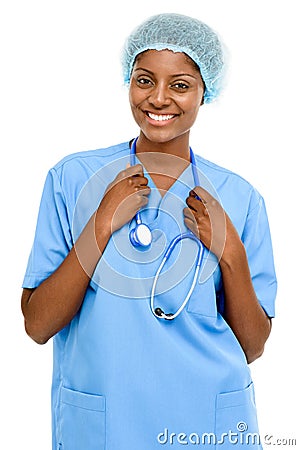 Portrait confident African American female doctor white background Stock Photo