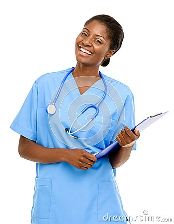 Portrait confident African American female doctor white background Stock Photo