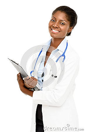 Portrait confident African American female doctor white background Stock Photo