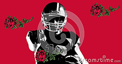 Portrait of confident american football player pointing at camera amidst falling roses Stock Photo