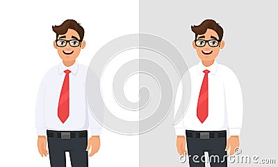 Portrait of confident handsome young businessman wearing white shirt and red tie, standing against white and gray/grey background. Vector Illustration