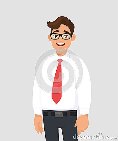 Portrait of confident handsome young businessman in white shirt and red tie, standing against gray/grey background. Human emotion. Vector Illustration