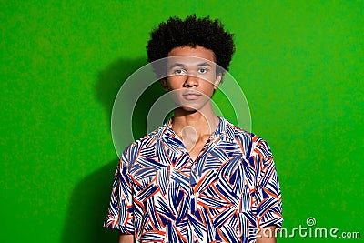 Portrait confident handsome youth guy wearing print shirt man with curly hair chevelure ready for summer isolated on Stock Photo