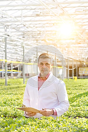 Portrait of confident scientist standing with clipboard amidst herbs in greenhouse Stock Photo