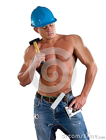 Portrait of confident young beautiful handyman with tools. Stock Photo