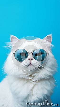 Portrait cool cat concept design, white cat wearing eyes glasses isolated on background, blue texture on background Stock Photo