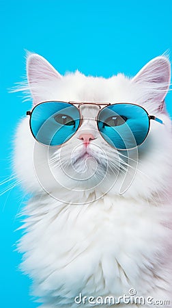 Portrait cool cat concept design, white cat wearing eyes glasses isolated on background, blue texture on background Stock Photo