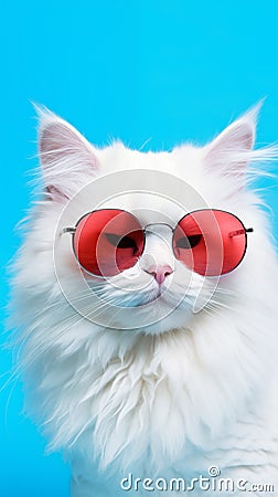 Portrait cool cat concept design, white cat wearing eyes glasses isolated on background, blue texture on background Stock Photo