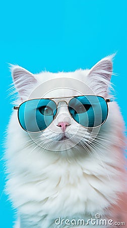 Portrait cool cat concept design, white cat wearing eyes glasses isolated on background, blue texture on background Stock Photo