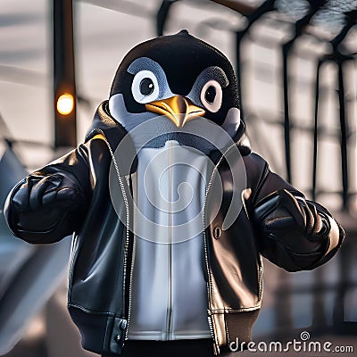 A portrait of a cool penguin in a leather jacket and sneakers, breakdancing2 Stock Photo