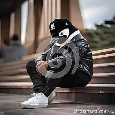 A portrait of a cool penguin in a leather jacket and sneakers, breakdancing3 Stock Photo