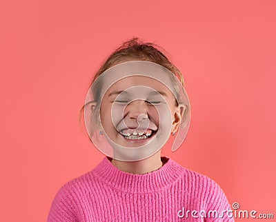 Portrait with copy space empty space of comic funky girl laughing, gritting her teeth, with closed eyes, isolated on Stock Photo