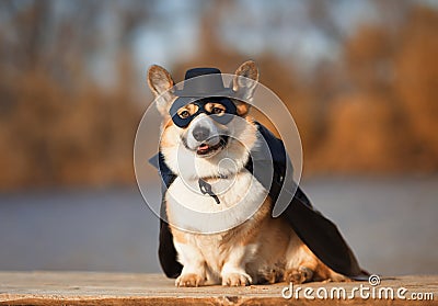 Corgi dog in a superhero Cape and mask sitting outside on a Sunny day with a mysterious smile Stock Photo