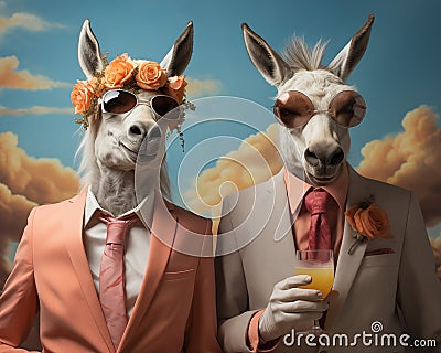 portrait of a couple of Anthropomorphic donkeys in vintage romantic outfits. Two donkeys in suits drink cocktails. Retro style. Stock Photo