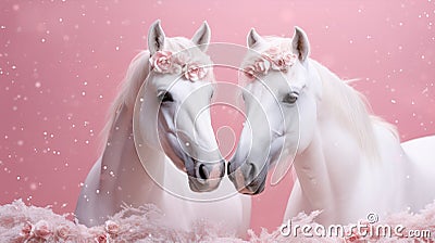 Portrait of couple beautiful white horses with rose flowers in the manes in studio decorations isolated on pink Stock Photo