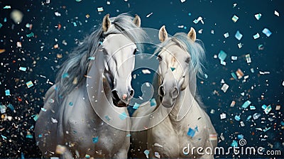 Portrait of couple beautiful white horses in studio with confetti decorations isolated on blue background Stock Photo