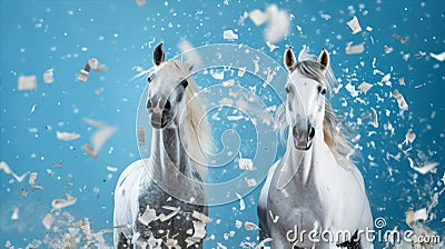 Portrait of couple beautiful white horses in studio with confetti decorations isolated on blue background Stock Photo