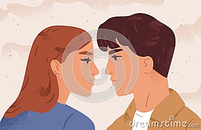 Portrait of couple looking to each other having fondness vector flat illustration. Face profile of enamored man and Vector Illustration