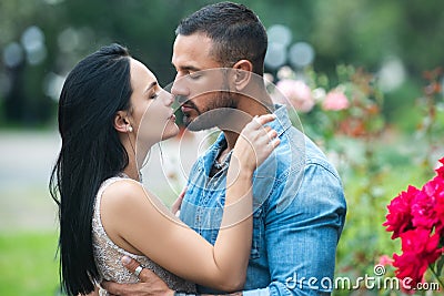 Portrait couple in love kiss. Passion dating and love. Seduction concept. Romantic portrait of a sensual couple in love Stock Photo