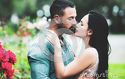 Portrait couple in love kiss. Passion dating and love. Seduction concept. Romantic portrait of a sensual couple in love Stock Photo