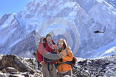 Portrait of couple trekkers at high himlaya Stock Photo