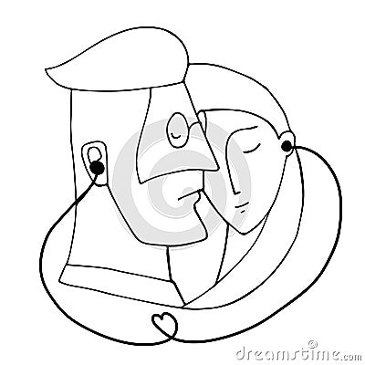 Portrait of couple who listen to music by one pair of headphones for two Cartoon Illustration