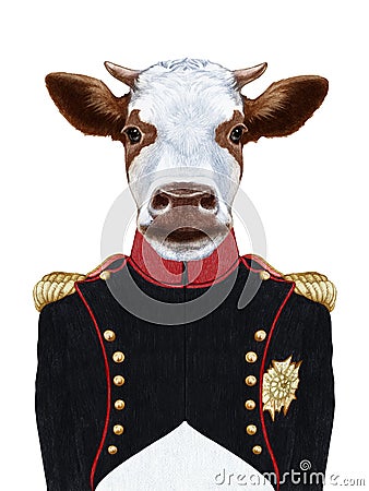 Portrait of Cow in military uniform. Cartoon Illustration