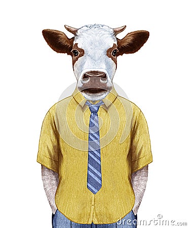 Portrait of Cow in summer shirt with tie. Cartoon Illustration