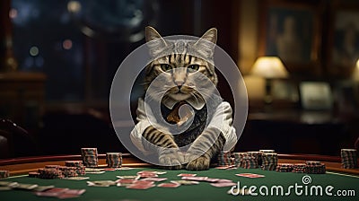 A portrait croupier cat in a suit sits at a Stock Photo