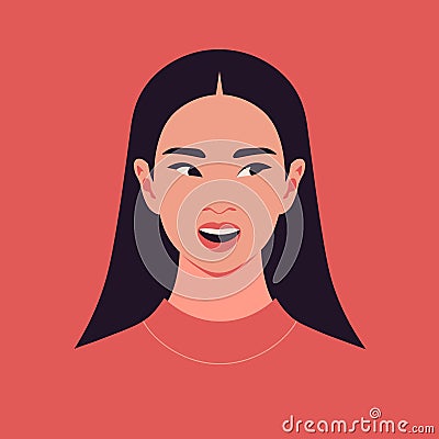 Portrait of a curious Asian woman. Surprised face of student. Vector Illustration