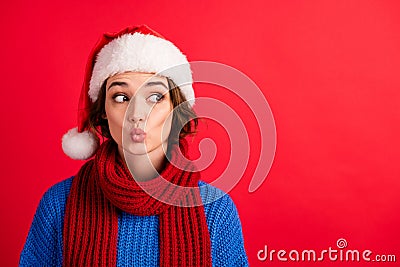 Portrait of curious surprised girl listen christmas season sales news look copyspace make her lips pouted plump wear Stock Photo