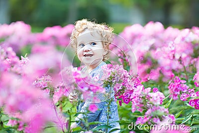 Portrait of curly baby girl with blue eyes in a field Stock Photo