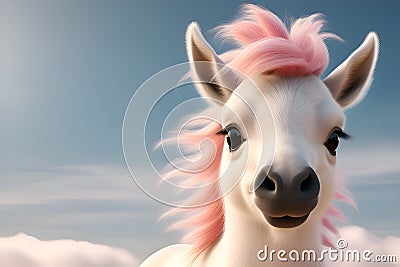 portrait of cute adorable Unicorn baby against blue sky background. Ai generated Stock Photo