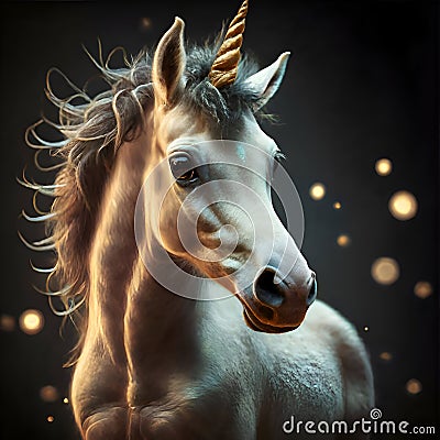 portrait of cute adorable Unicorn baby against night miracle background. Digital artwork. Ai generated Stock Photo