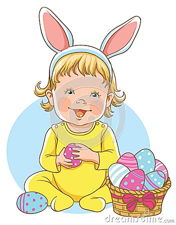 Portrait of a cute baby dressed in Easter bunny ears with a bask Vector Illustration