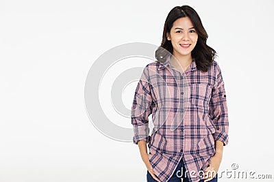 Portrait of a cute beautiful Asain woman with self-confident pose on white background Stock Photo