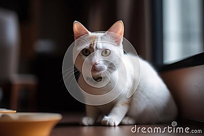 Portrait of a cute cat looking away. Japanese Bobtail cat breed. Generative AI Stock Photo