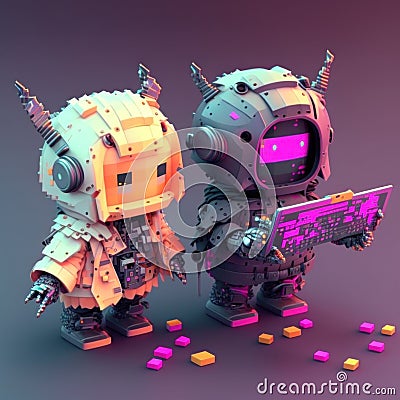 A portrait of cute cyberpunk robots. Stock Photo