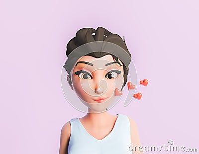 Portrait of a cute 3d girl giving a kiss with hearts Stock Photo