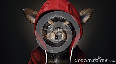 Portrait of cute dog in hoodie. Hoodie adds playfulness and comfort. Concept of animal, fashion, dog's clothing, fun, humor Stock Photo