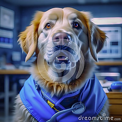 Portrait of a cute dog in medical clothes, a dog doctor in a veterinary clinic. canine veterinarian Stock Photo