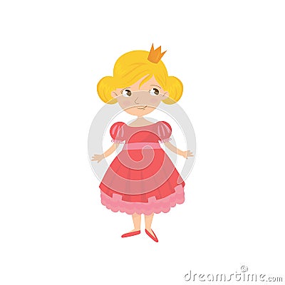 Portrait of cute fairy tale princess in pink dress and golden crown on head. Cartoon character of little girl with Vector Illustration