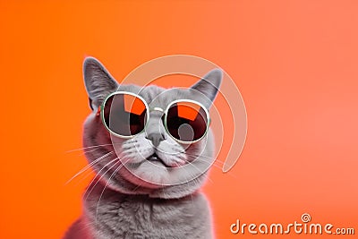 portrait cute funny animal pet cat colourful fashion neon sunglasses. Generative AI. Stock Photo