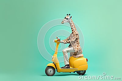 portrait of a cute giraffe riding a bike, created with Generative AI technology Stock Photo