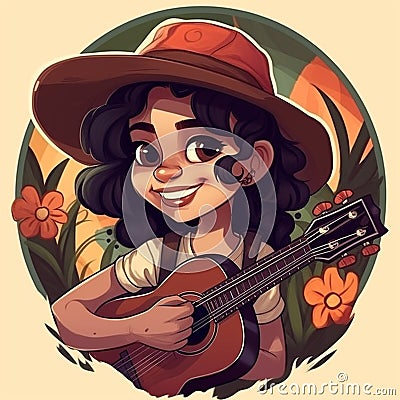 Portrait of a cute girl musician with a guitar. AI generated Stock Photo