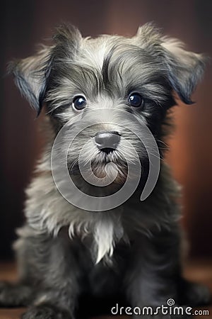 Portrait of cute grey puppy with dark eyes sitting, created using generative ai technology Stock Photo