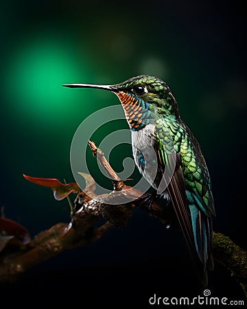 portrait of a cute humming bird on a dark forest background Stock Photo